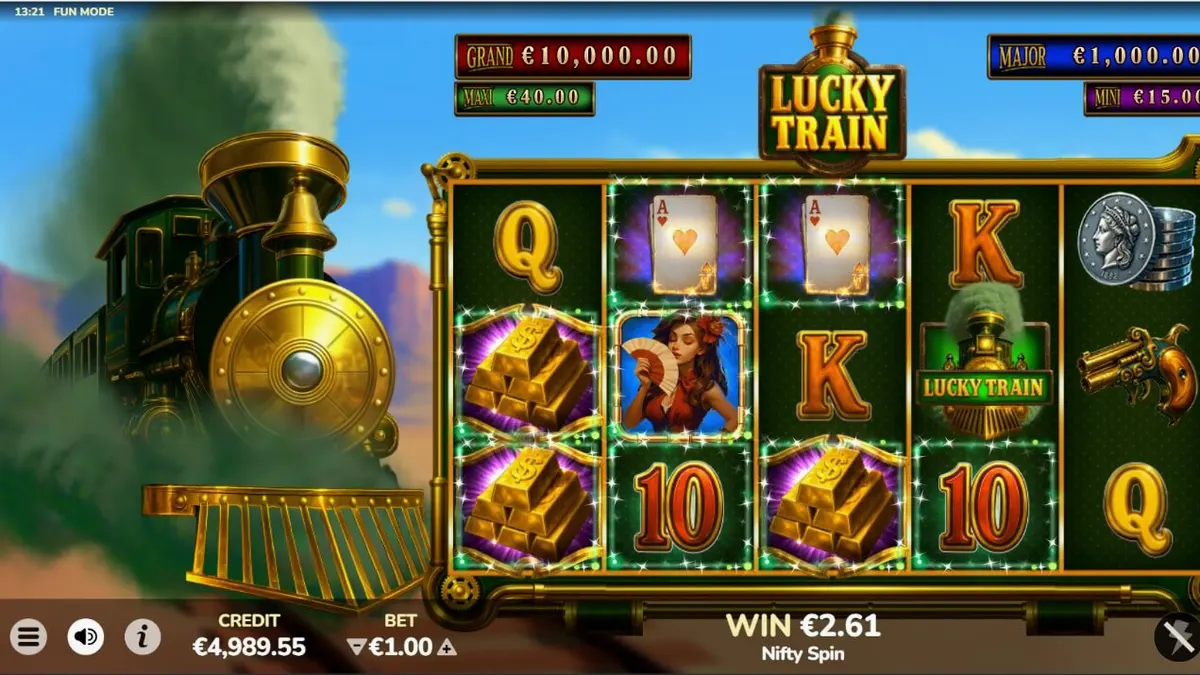 Interface do jogo de slot Lucky Train com elementos steampunk e trilhos de trem