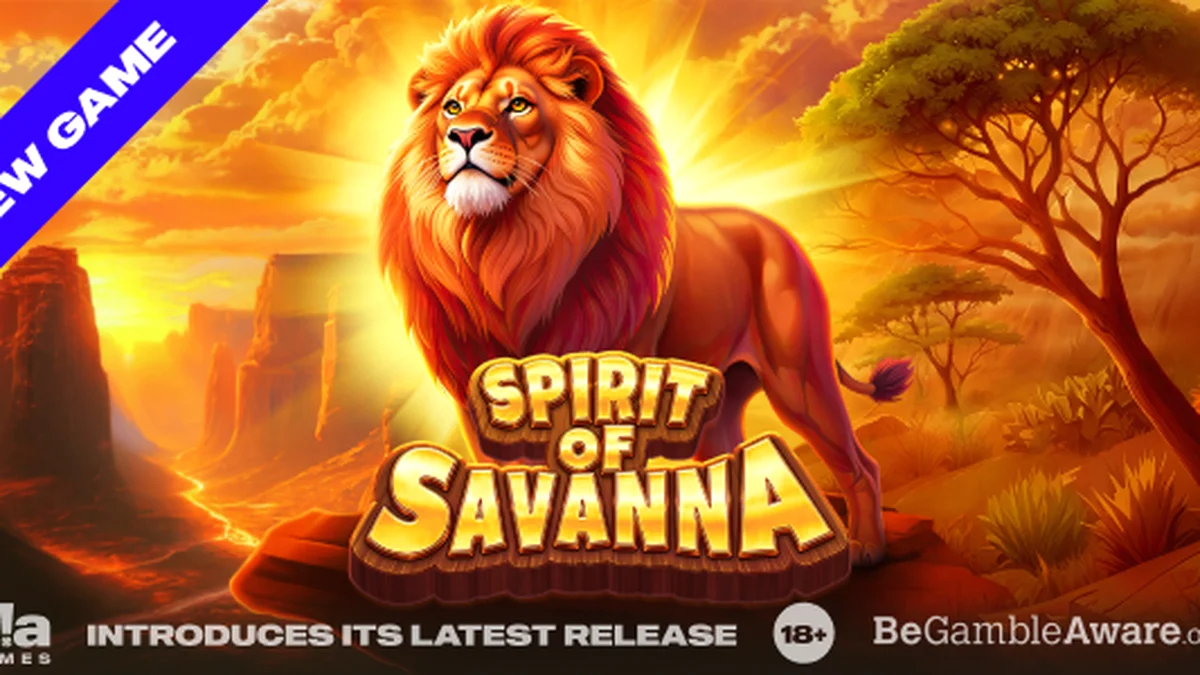 Uma imagem vibrante do jogo Spirit of Savanna, mostrando animais da savana e elementos de slot.